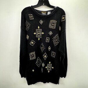 Vtg Trimmings Holiday Sweater M Black Gold Beads New Years Eve Pullover Chunky